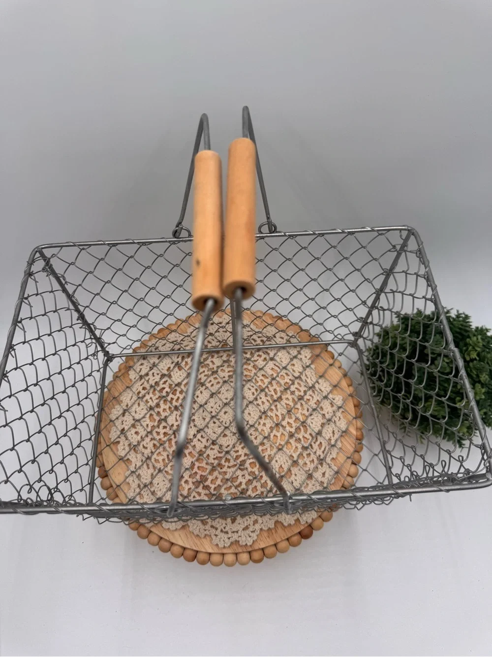 Decorative Wire Market Basket with Wood Handles - Gray